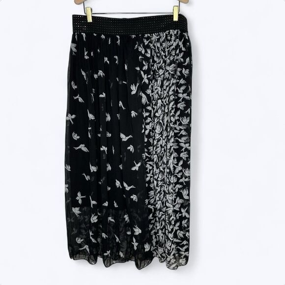 Magic Chiffon Midi Skirt Womens Sz 3X Bird Print Lined Elastic Waist Repaired - Picture 1 of 13